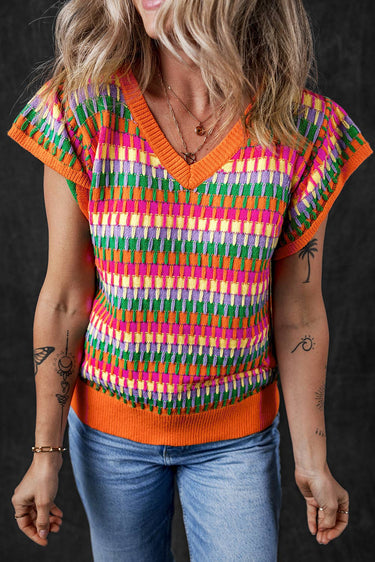 Multicolor Geometic Pattern Knitted Sweater Top